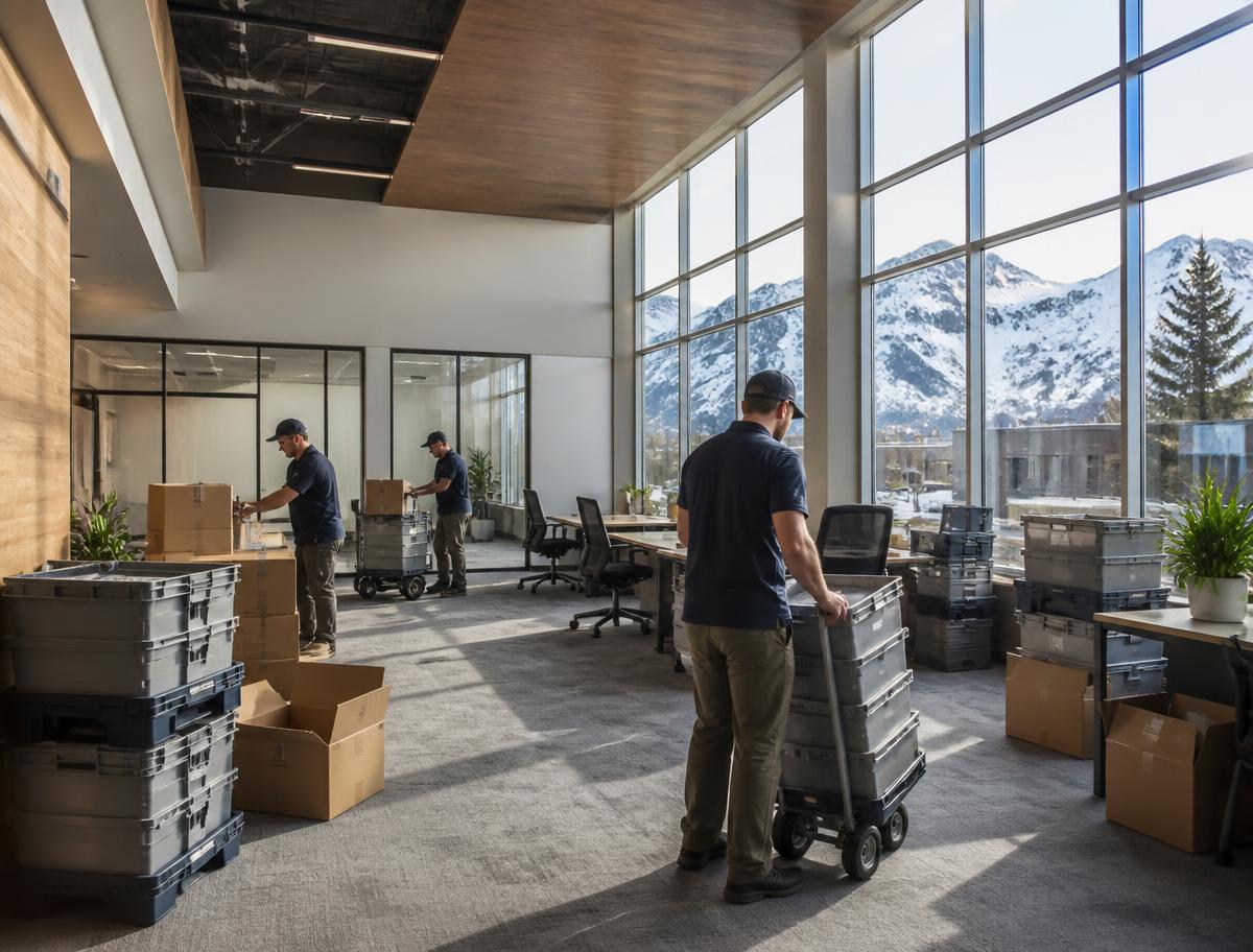 Movers relocating a North Vancouver office with crates and dollies beside harbour-view windows