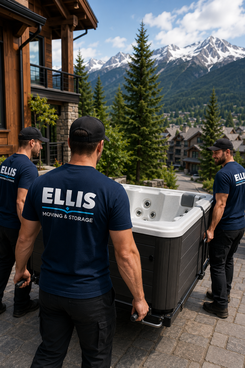 Movers lifting a hot tub off a hillside deck at a North Vancouver home
