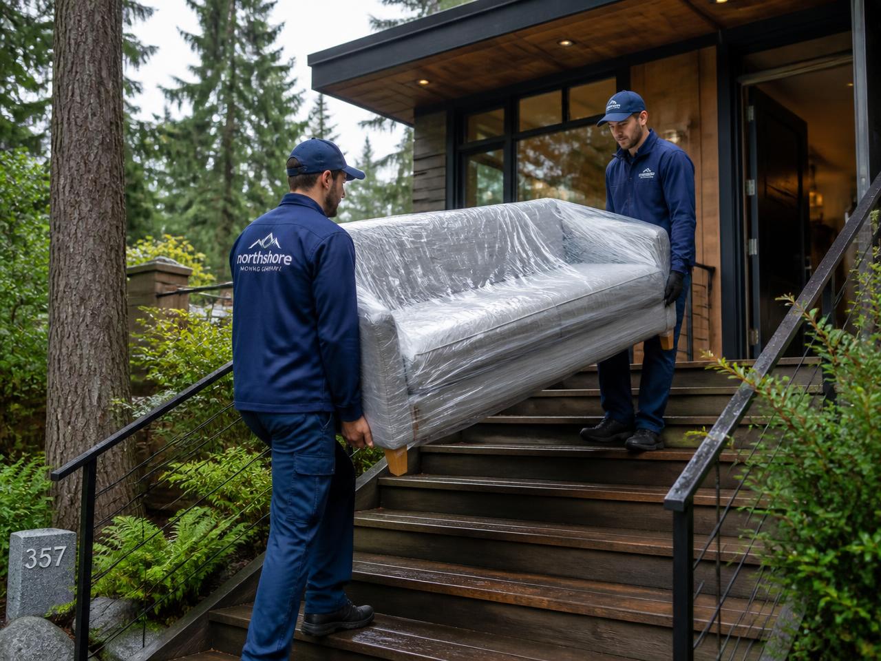Ellis movers carrying a wrapped sofa into a North Vancouver west-coast style home
