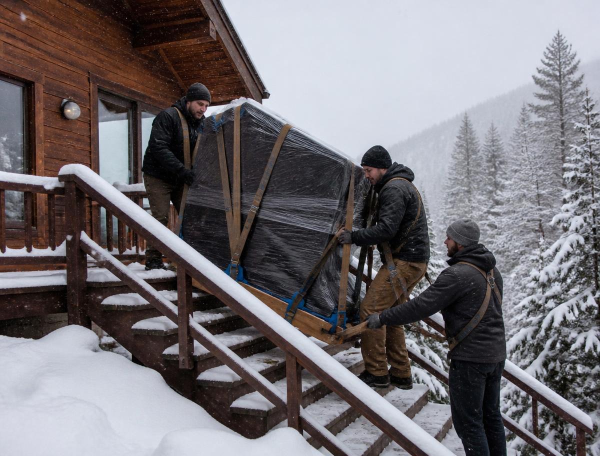 Movers manoeuvring an oversize item through a North Vancouver home entryway