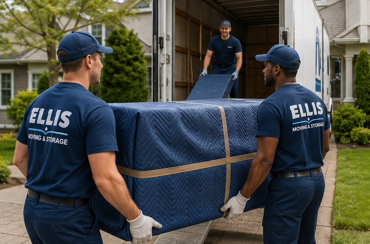 White glove movers unwrapping and placing furniture in a luxury North Vancouver home