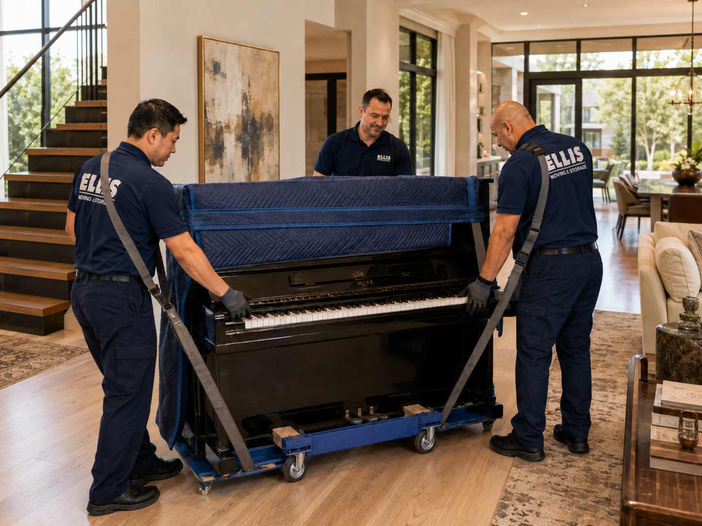 Crew moving a wrapped piano down rain-slick exterior stairs in North Vancouver