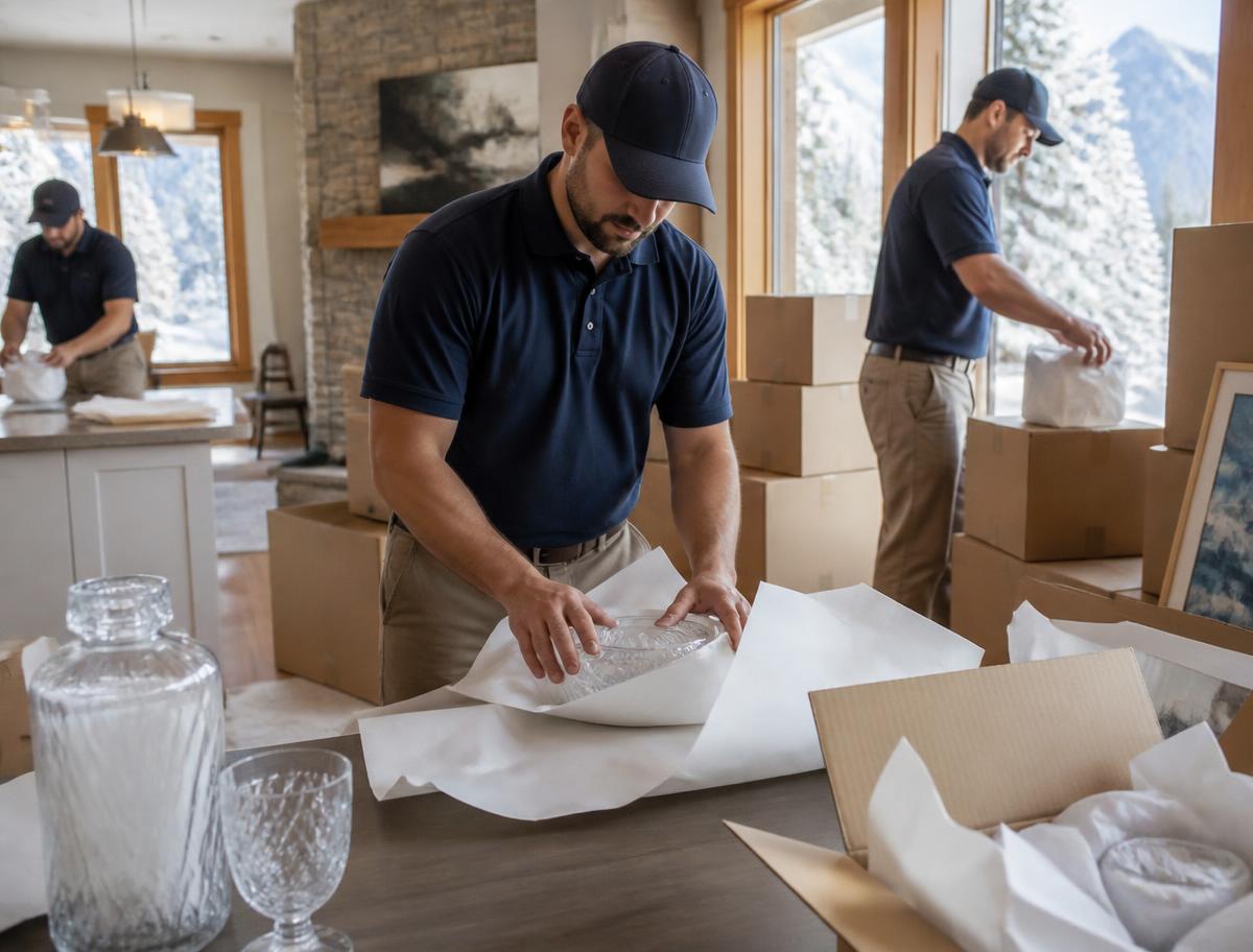 Professional packers wrapping glassware and artwork in a North Vancouver home