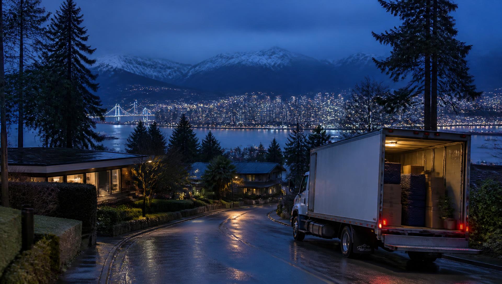 Moving truck parked on a steep North Vancouver street at dusk with the harbour and city lights below