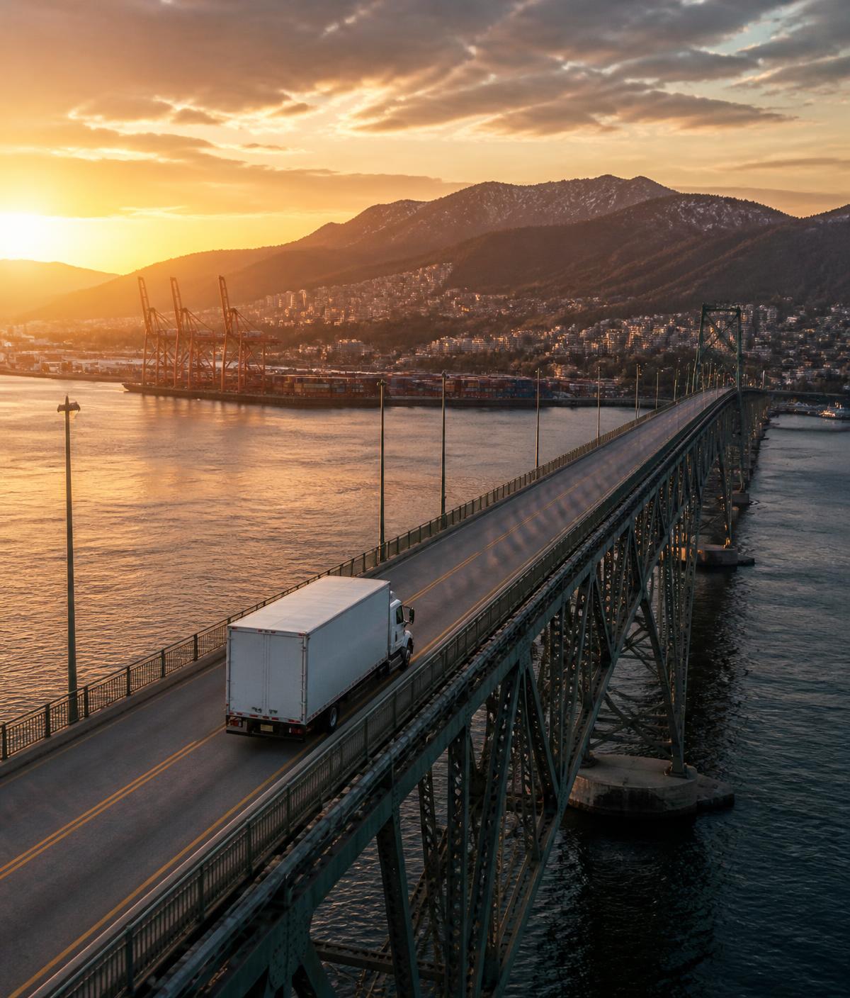 Ellis moving truck crossing the inlet out of North Vancouver at sunset